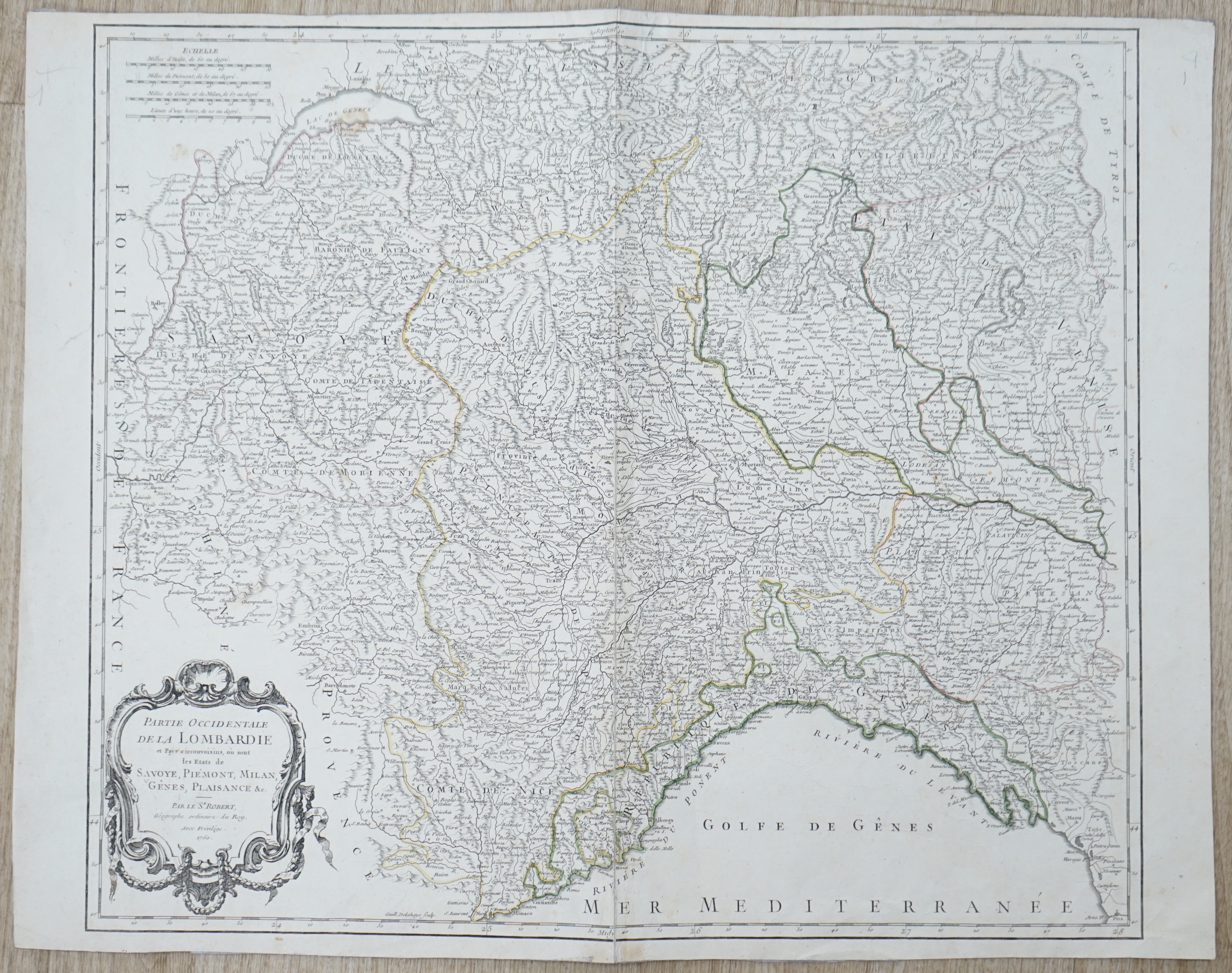 18th century hand coloured map of Italy publ. 1794 by Laurie & Whittle together with a French map of the Gulf of Venice and Lombardy by R de Vaugondy, unframed, (3) largest 68 x 51cm
